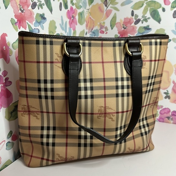 💯Authentic  BURBERRY HAYMARKET CHECK TOTE BAG LEATHER  HANDBAGS WOMEN🍀 - Picture 12 of 17